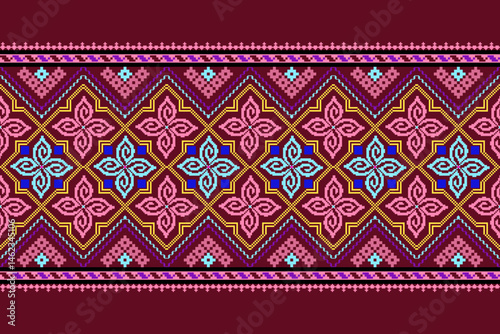 Geometric pixelated Arabic patterns on the fabric reflect the ornate and ethnicity,grid floral,grid colourful, backgrounds, seamless grid design for carpet,textile,textured,wallpaper,print,decorate