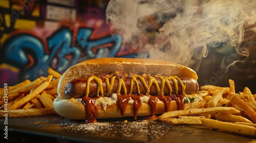 Steaming currywurst and fries with graffiti backdrop.