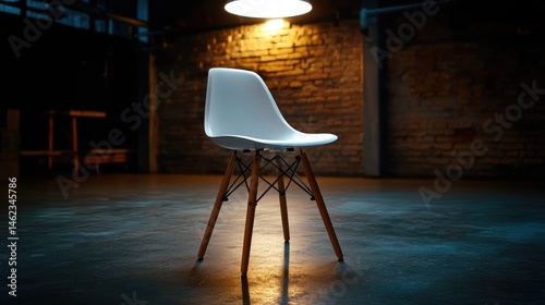 Elegant Modern Chair with Wooden Legs Under a Bright Light in an Industrial Setting, Suitable for Home, Office, or Minimalist Decor Inspiration and Design Ideas
