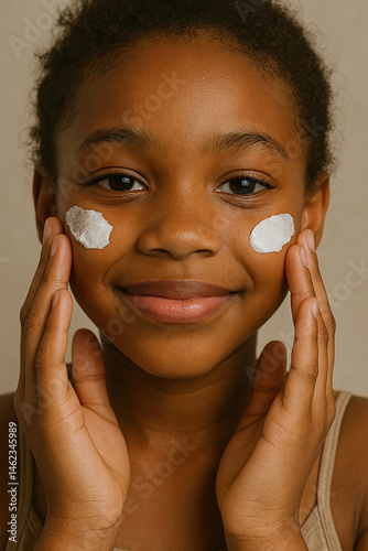 Smiling Young Black Girl with Skincare Cream on Cheeks – Promoting Youthful Skincare, Wellness, and Self-Care Habits