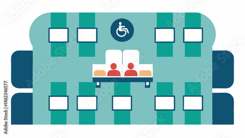 Seating Arrangement A layout of the ferrys seating area showing designated accessible seating spaces near exits and restrooms marked with an accessibility symbol.