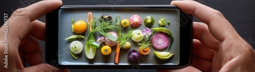 Hands holding a smartphone displaying various colorful fruits and vegetables.