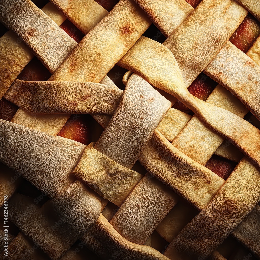 Close-up of a freshly baked pie crust, woven and golden brown, isolated background.