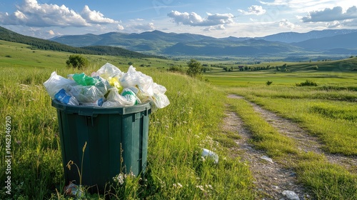 Littered Waste Bin Surrounded by Lush Green Landscape Amidst Scenic Mountains and Open Fields Under a Bright Blue Sky During Daytime