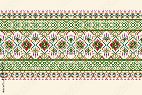 Geometric pixelated Arabic patterns on the fabric reflect the ornate and ethnicity,grid floral,grid colourful, backgrounds, seamless grid design for carpet,textile,textured,wallpaper,print,decorate