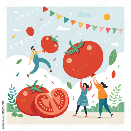 Tomato Festival, vector illustration , A whimsical festival scene with oversize tomatoes and cheerful people.