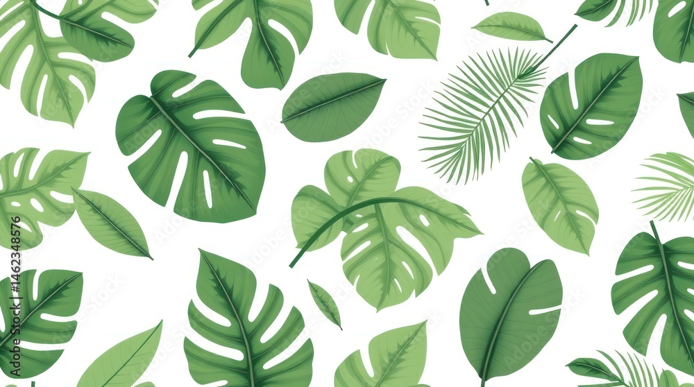 Tropical leaf pattern background. Vibrant green leaves scattered on white background, displaying various shapes and sizes of tropical foliage. Detailed illustration Tropical leaf pattern background. Vibrant green leaves scattered on white background, displaying various shapes and sizes of tropical foliage. Detailed illustration