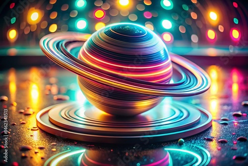 Retro Futuristic Neon Sphere Glowing Rings - Vintage Sci-Fi Art