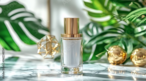 Luxurious cream bottle on marble surface, surrounded by tropical foliage