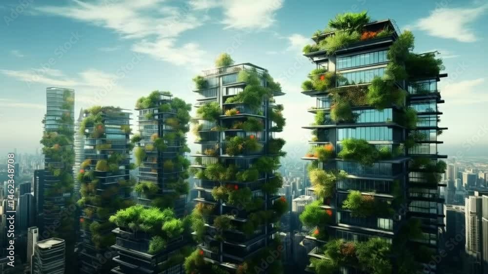 City view with tall buildings covered with plants. Smooth repeating motion for background video animation.