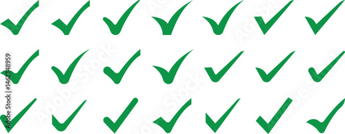 Check mark icons set. Green check mark, tick symbols, checklist signs, green checkmark isolated on white background. Flat and modern checkmark design, vector illustration. 