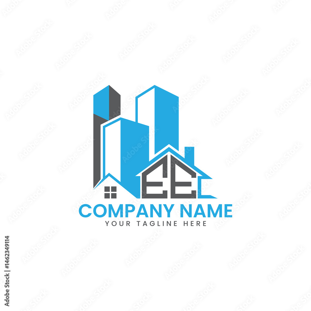 Fototapeta premium Modern Real Estate Logo Design – Blue Building Icon Template for Construction or Property Business