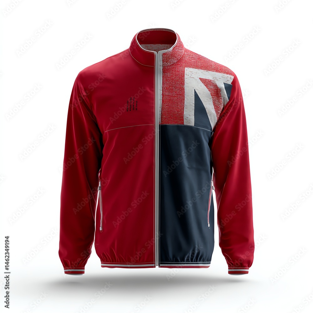 Stylish sports jacket with Union Jack design, white isolated background.