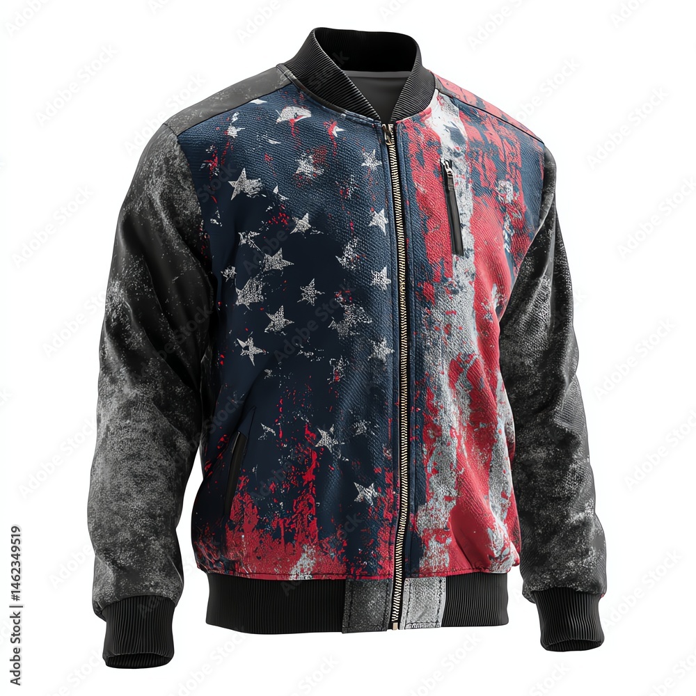 Stylish bomber jacket featuring vibrant American flag design, white isolate background
