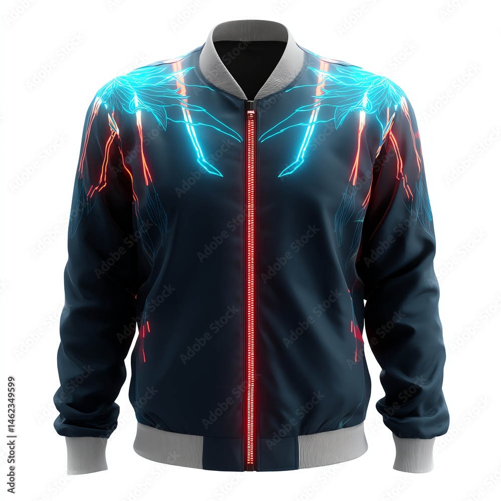 Stylish futuristic bomber jacket with neon light designs, isolated on white background.