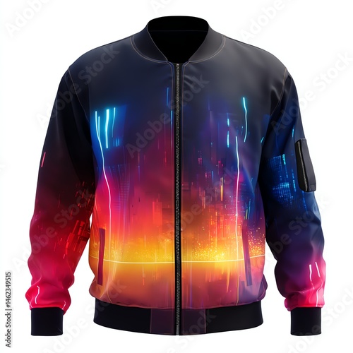 Obraz na płótnie Stylish bomber jacket with vibrant colorful design on a white isolated background. w salonie