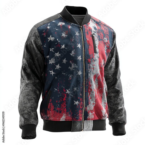 Obraz na płótnie Stylish bomber jacket featuring vibrant American flag design, white isolate background w salonie