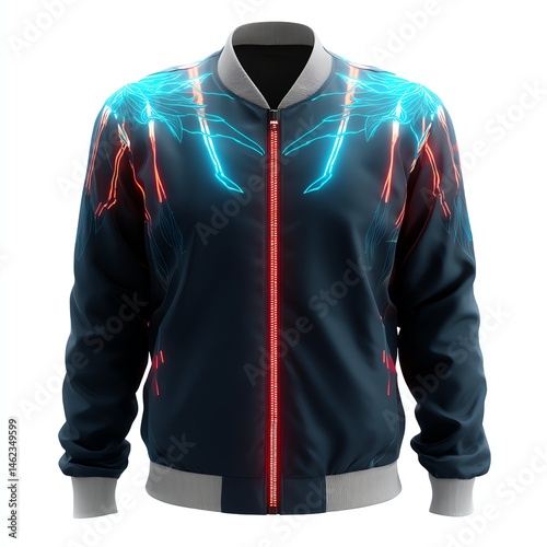 Obraz na płótnie Stylish futuristic bomber jacket with neon light designs, isolated on white background. w salonie