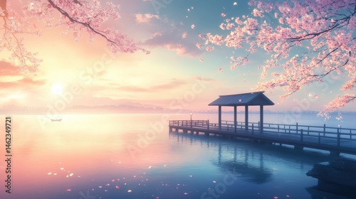 Serene sunrise over a tranquil lake with cherry blossoms.