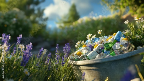 Overflowing Waste Bin Surrounded by Nature with Colorful Flowers, Scenic Background Highlighting Environmental Impact and Pollution Concerns