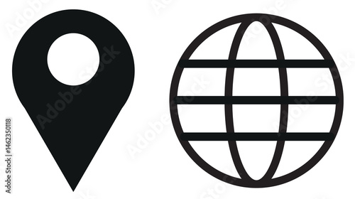 set of black world globe earth web map and location pointer pin or you are here marker sing icon
