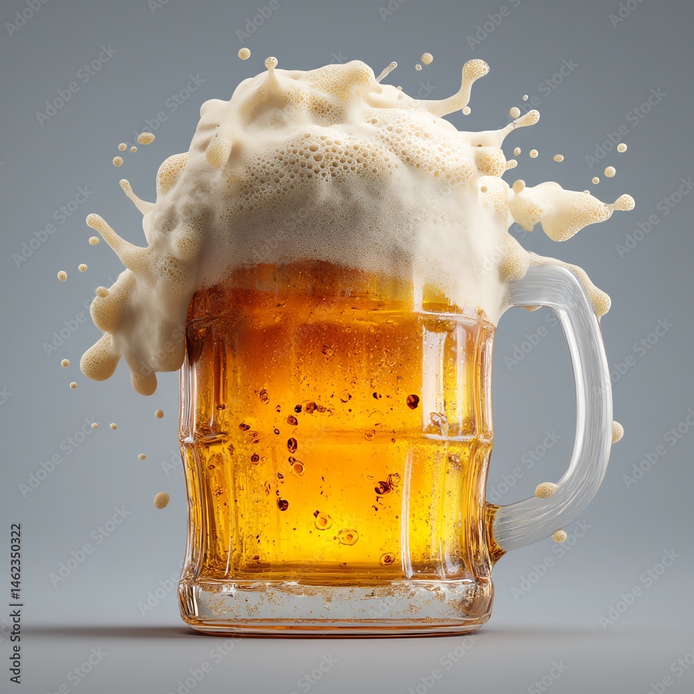 Frothy beer mug with splash, white isolated background