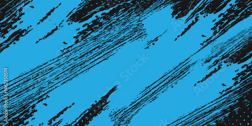 "Grunge abstract background with bold black brush strokes over vibrant cyan blue. Perfect for edgy designs, street art, and modern textures."