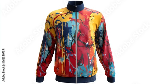 Colorful bomber jacket with abstract art design, white isolated background