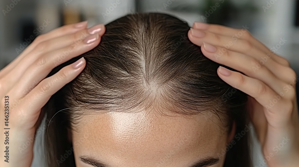 Naklejka premium Close-up of a woman's hand touching her hairline on her head, showing thinning and falling out hair from baldness or alopecia, a hair loss concept.