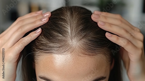 Close-up of a woman's hand touching her hairline on her head, showing thinning and falling out hair from baldness or alopecia, a hair loss concept.
