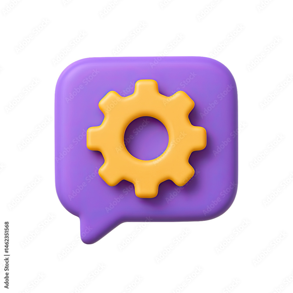 3D Render of Yellow Gear in Purple Speech Bubble 3D Render of Yellow Gear in Purple Speech Bubble