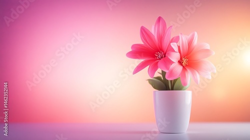 Pink flowers are potted in a white pot against a gradient pink and orange backdrop.
