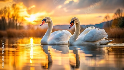 Fototapeta Naklejka Na Ścianę i Meble -  Romantic Swan Couple on Serene Lake at Sunset - Elegant Wildlife Portrait