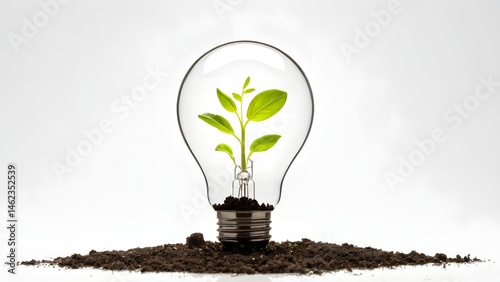 Light Bulb with Plant Growing Inside Soil Concept of Sustainability