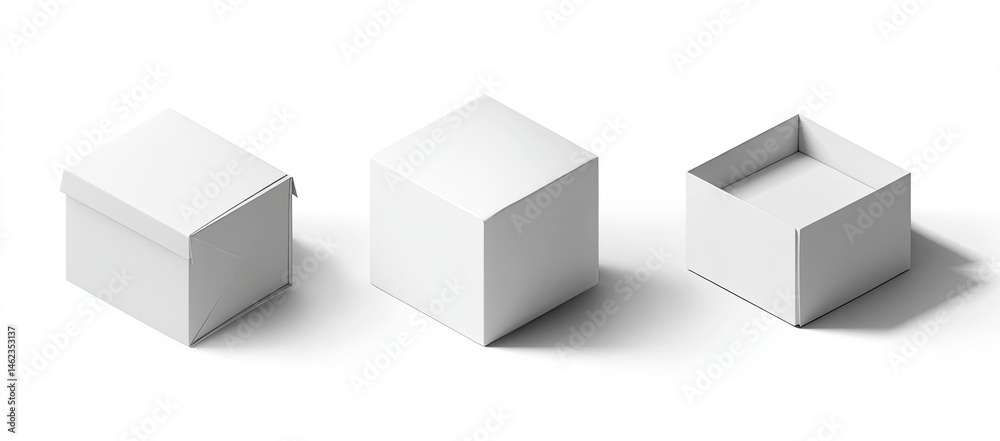 Three blank white cardboard boxes, various perspectives Three blank white cardboard boxes, various perspectives