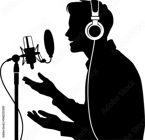 Podcast Host Silhouette with Microphone and Headphones