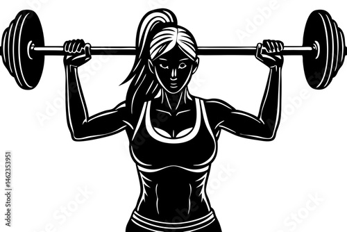 Silhouette of woman weightlifting and holding a barbell overhead vector graphic design, woman, weightlifting, barbell, overhead, silhouette, fitness, gym, exercise, workout, sport, training, strong