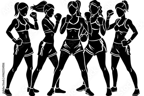 Five female boxers silhouette on white background in fighting stances, boxing, woman, silhouette, female, fighter, sport, group, stance, athlete, competition, power, strength, fitness, training