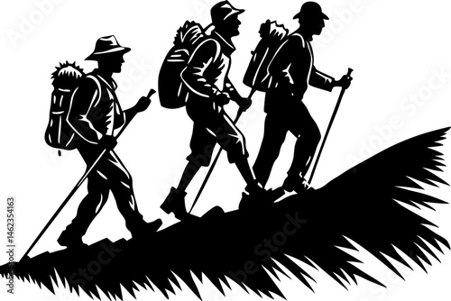 Three hikers silhouette walking in line on a mountain slope, hiker, hiking, silhouette, mountain, people, walking, trekking, adventure, outdoor, nature, travel, sport, activity, climb, climber