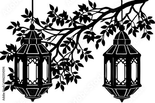 Silhouette of two lanterns hanging from a branch with leaves, silhouette, lantern, tree, branch, leaves, hanging, decoration, light, vector, design, illustration, nature, pattern, art, graphic