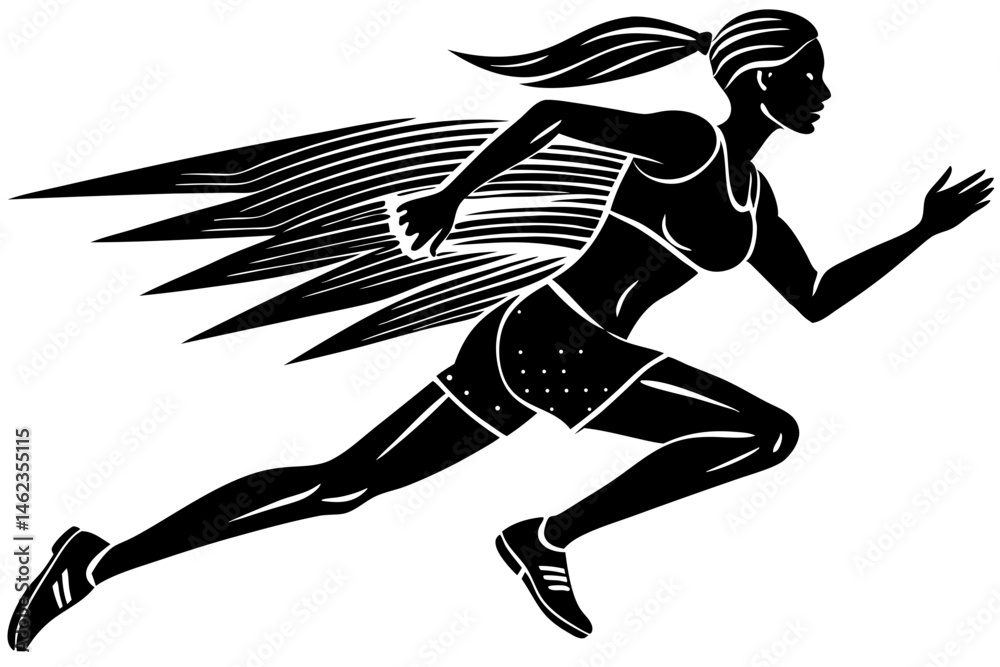 Fototapeta premium Silhouette design of a woman running or jumping in mid air, silhouette, woman, running, jumping, midair, action, athlete, fitness, sport, exercise, vector, illustration, design, graphic, female