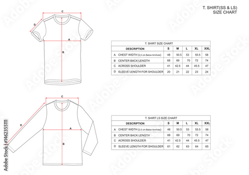 T. SHIRT SHORT SLEEVE and LONG SLEEVE SIZE CHART MOCKUP