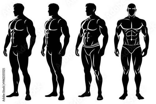 Silhouette design showing a sequence of four men body transformation, man, silhouette, fitness, bodybuilding, body transformation, health, progress, exercise, workout, muscle, gym, diet, weight loss