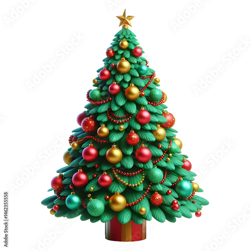 3D CUTE christmas tree with balls In bright colors style illustration isolated on white background
