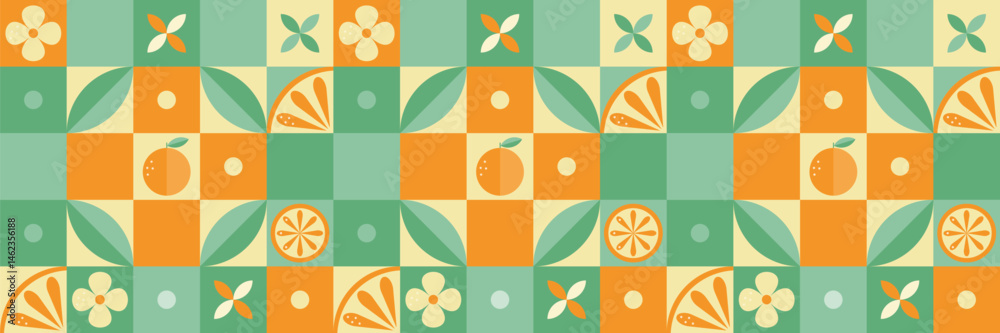 Modern geometric pattern with oranges, plants, leaves, abstract elements on light yellow background. Abstract decorations. Simple flat style. Minimalistic style. Vector illustration. Modern geometric pattern with oranges, plants, leaves, abstract elements on light yellow background. Abstract decorations. Simple flat style. Minimalistic style. Vector illustration.