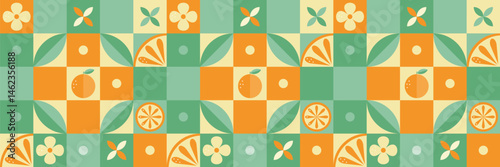 Modern geometric pattern with oranges, plants, leaves, abstract elements  on light yellow background. Abstract decorations. Simple flat style. Minimalistic style. Vector illustration. 