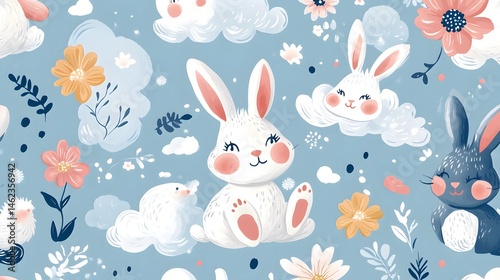 Pastel bunnies and flowers on a light blue background.