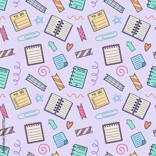 Abstract seamless pattern with doodle school notebooks, notes, papers, tapes, staple. Hand drawn graphic paper background. Back to school. Education concept. Vector illustration
