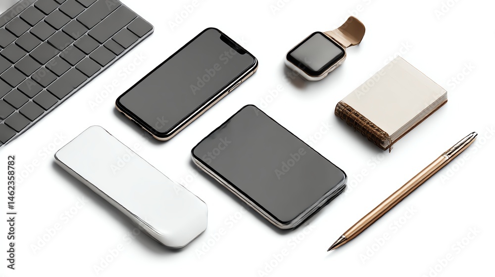 Smartphones and accessories arranged on a white isolated background.