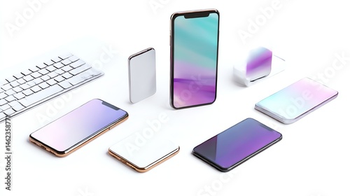 Various modern smartphones and gadgets on a white isolated background.